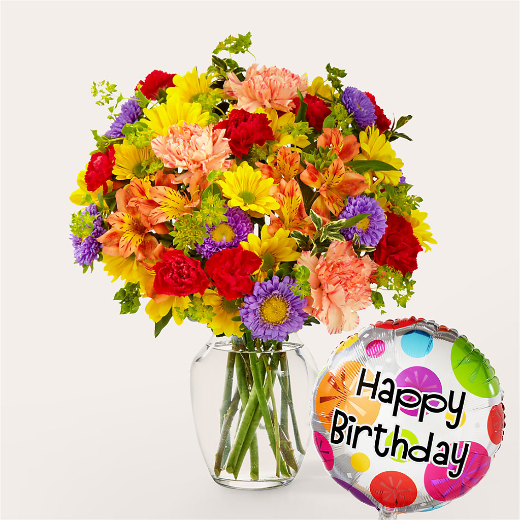 Kaleidoscope Bouquet with Birthday Balloon – GORDILLO'S FLOWERS AND GIFTS LLC, Mishawaka IN