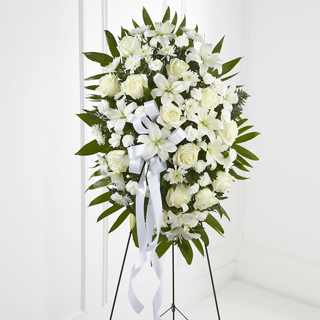 Exquisite Tribute Standing Spray-White Ribbon – GORDILLO'S FLOWERS AND GIFTS LLC, Mishawaka IN